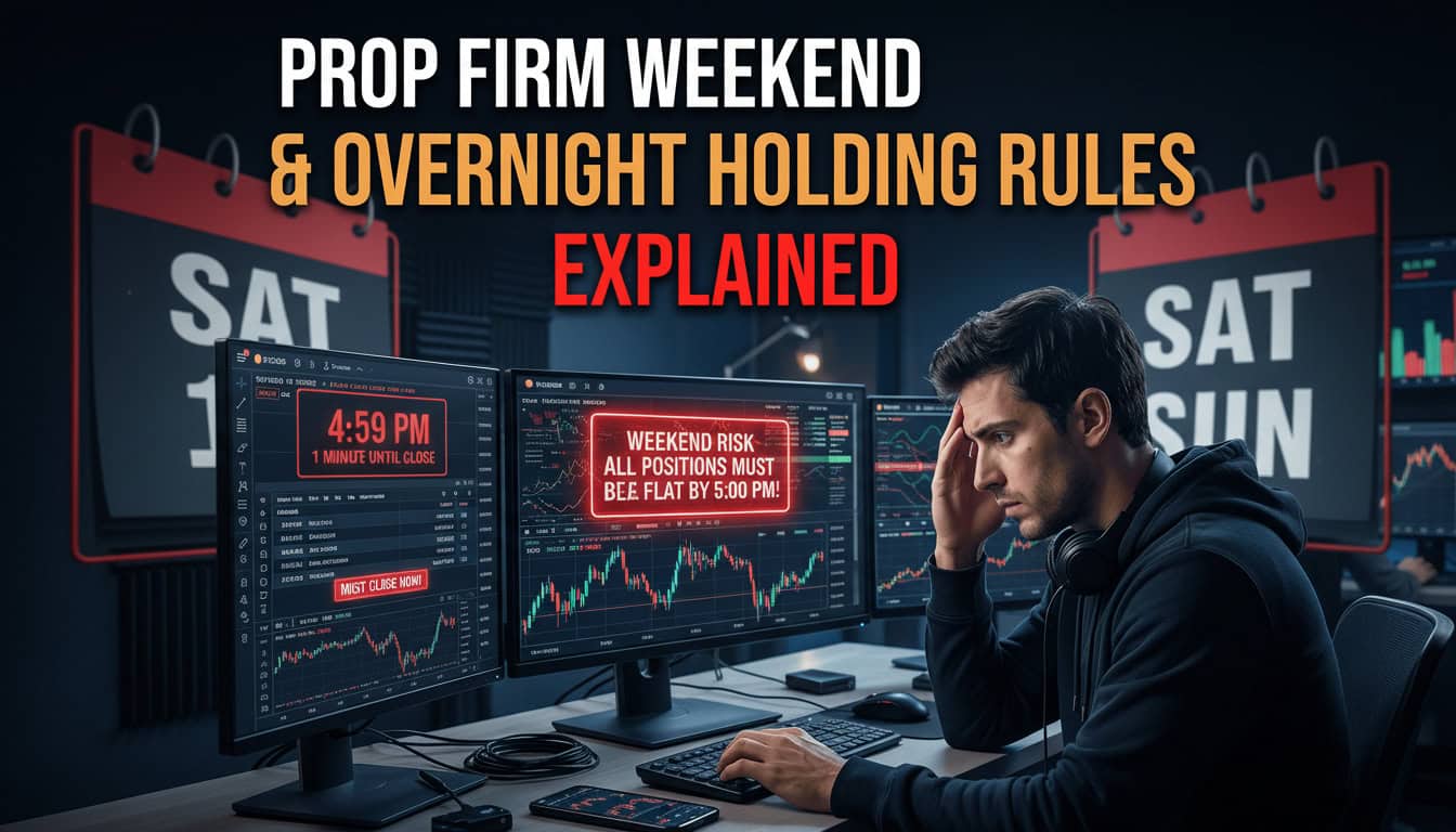 Man analyzing prop trading weekend and overnight holding rules on multiple monitors.